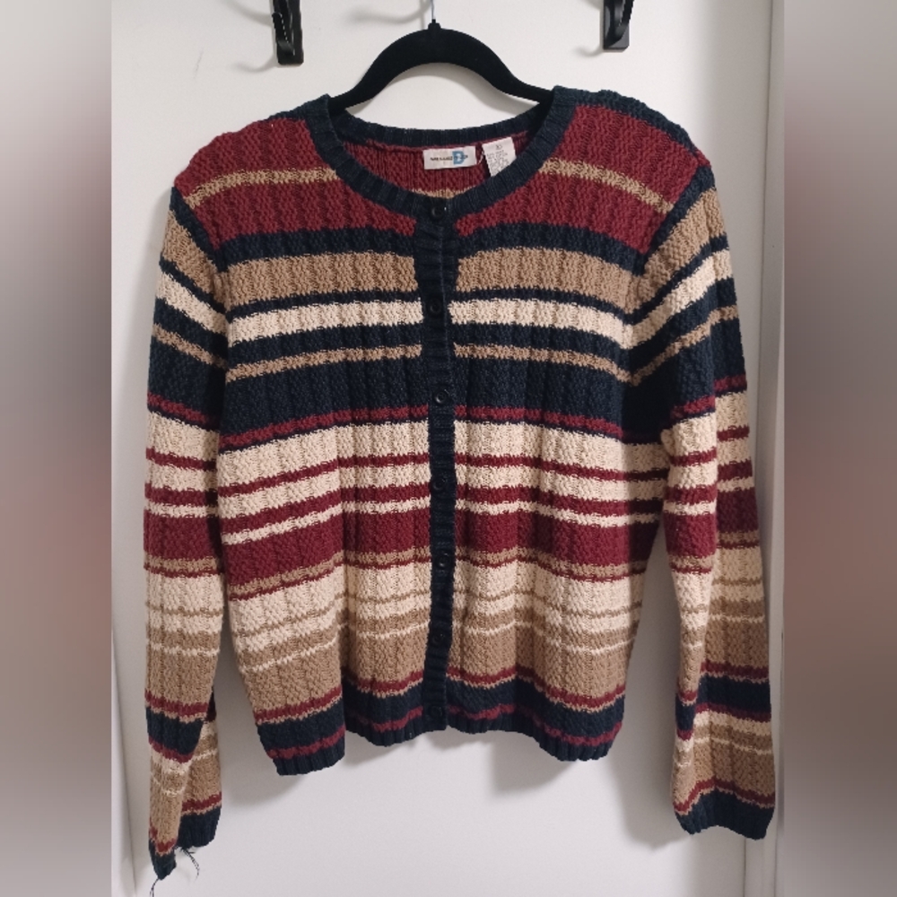 Red and Black Striped Cardigan Sweater